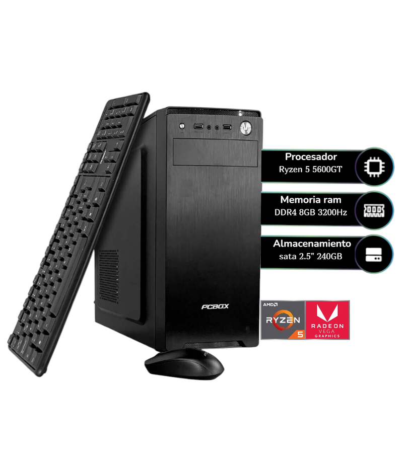 Pc Pcbox Amd Ryzen 5 5600Gt, 8Gb, Ssd 240 Gb, Kit: Teclado, Mouse, W11Hsl