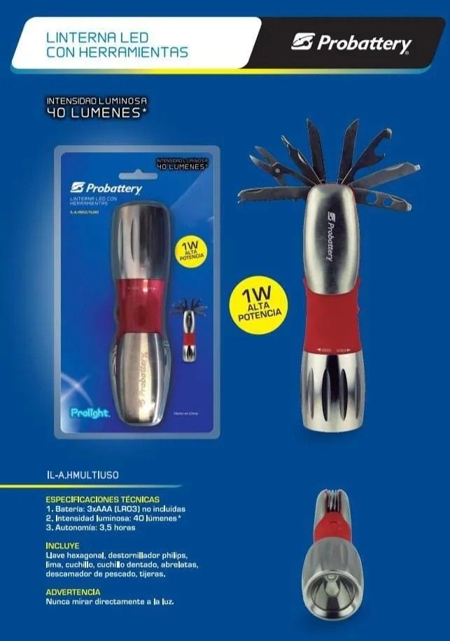 Linterna Led Herramienta Incluye Llave Hexagonal, Lima, Cuchillo, Abre Lata... - No Incluye 3 Aaa (I